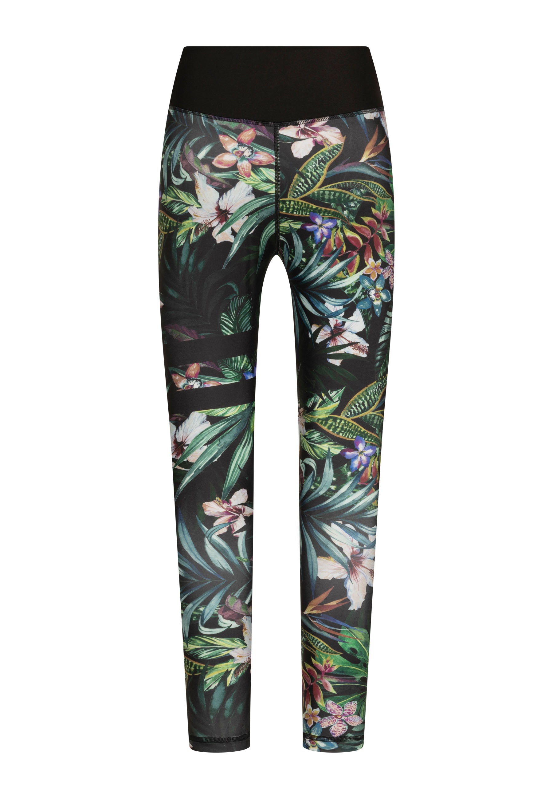 Die 876 Extra High Waist Leggings von Lismina in Schwarz & Grün geblumt verfügen über ein lebendiges tropisches Design auf dunklem Hintergrund.